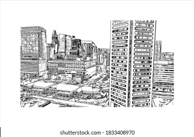 Building view with landmark of Baltimore is the most populous city in the U.S. state of Maryland. Hand drawn sketch illustration on vector.
