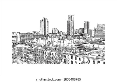 Building view with landmark of Baltimore is the most populous city in the U.S. state of Maryland. Hand drawn sketch illustration on vector.