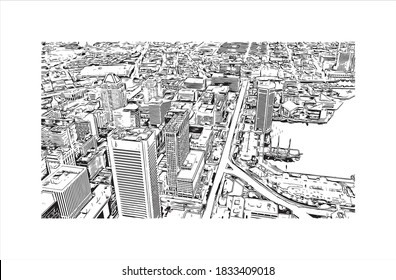 Building view with landmark of Baltimore is the most populous city in the U.S. state of Maryland. Hand drawn sketch illustration on vector.