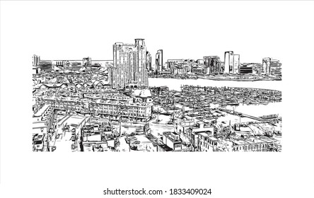 Building view with landmark of Baltimore is the most populous city in the U.S. state of Maryland. Hand drawn sketch illustration on vector.