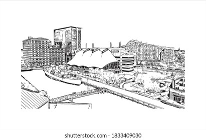 Building view with landmark of Baltimore is the most populous city in the U.S. state of Maryland. Hand drawn sketch illustration on vector.