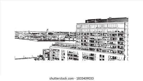 Die Bausicht mit Wahrzeichen von Baltimore ist die bevölkerungsreichste Stadt im US-Bundesstaat Maryland. Handgezeichnete Skizzengrafik auf Vektorgrafik.