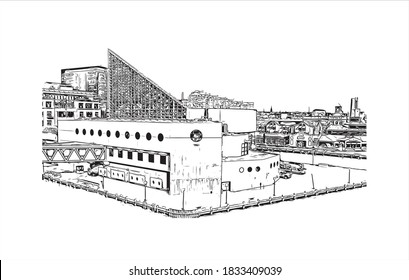 Building view with landmark of Baltimore is the most populous city in the U.S. state of Maryland. Hand drawn sketch illustration on vector.