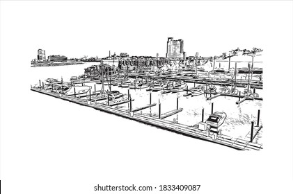 Building view with landmark of Baltimore is the most populous city in the U.S. state of Maryland. Hand drawn sketch illustration on vector.