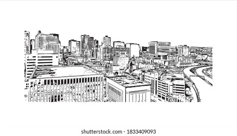 Building view with landmark of Baltimore is the most populous city in the U.S. state of Maryland. Hand drawn sketch illustration on vector.