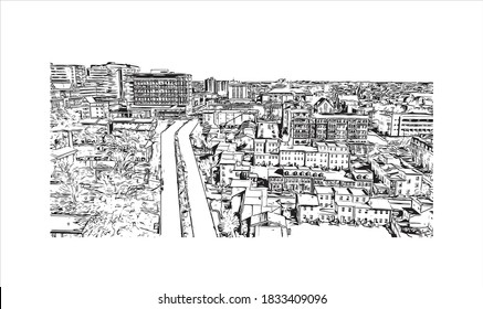 Building view with landmark of Baltimore is the most populous city in the U.S. state of Maryland. Hand drawn sketch illustration on vector.
