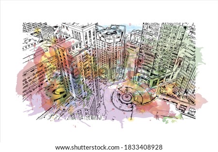Building view with landmark of Baltimore is the most populous city in the U.S. state of Maryland. Watercolor splash with hand drawn sketch illustration on vector.