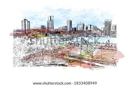 Building view with landmark of Baltimore is the most populous city in the U.S. state of Maryland. Watercolor splash with hand drawn sketch illustration on vector.