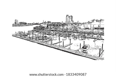 Building view with landmark of Baltimore is the most populous city in the U.S. state of Maryland. Hand drawn sketch illustration on vector.