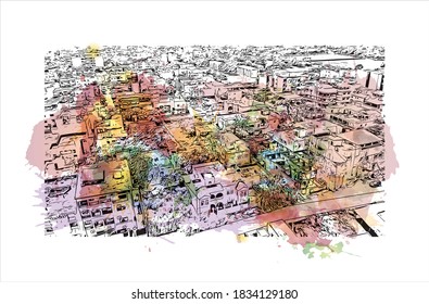 Building view with landmark of Bamako is the capital and largest city of Mali. Watercolor splash with hand drawn sketch illustration in vector.