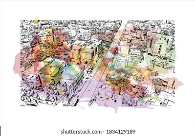 Building view with landmark of Bamako is the capital and largest city of Mali. Watercolor splash with hand drawn sketch illustration in vector.