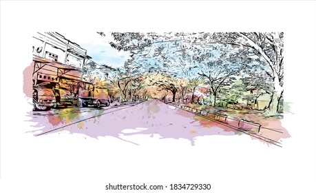 Building view with landmark of Banda Aceh is the capital and largest city in the province of Aceh, Indonesia. Watercolor splash with hand drawn sketch illustration in vector.