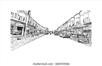 Building view with landmark of Banda Aceh is the capital and largest city in the province of Aceh, Indonesia. Hand drawn sketch illustration in vector.