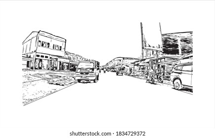 Building view with landmark of Banda Aceh is the capital and largest city in the province of Aceh, Indonesia. Hand drawn sketch illustration in vector.