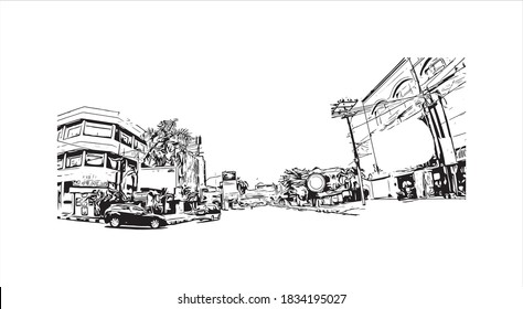 Building view with landmark of Bandar Lampung is the capital and largest city of the Indonesian. Hand drawn sketch illustration in vector.