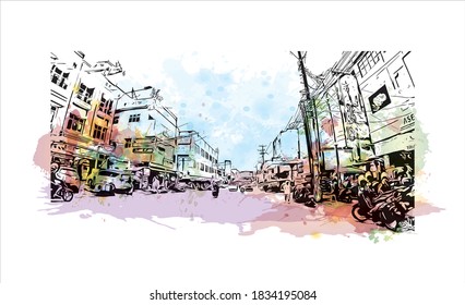 Building view with landmark of Bandar Lampung is the capital and largest city of the Indonesian. Watercolor splash with hand drawn sketch illustration in vector.