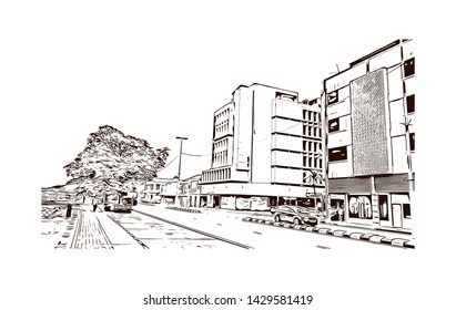 Building view with landmark of Bandar Seri Begawan is the capital of Brunei, a tiny nation on the island of Borneo. Hand drawn sketch illustration in vector. - Shutterstock ID 1429581419