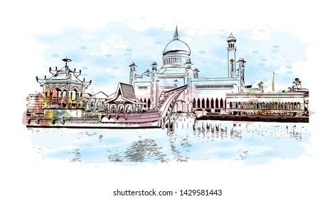 Building view with landmark of Bandar Seri Begawan is the capital of Brunei, a tiny nation on the island of Borneo. Watercolor splash with Hand drawn sketch illustration in vector.