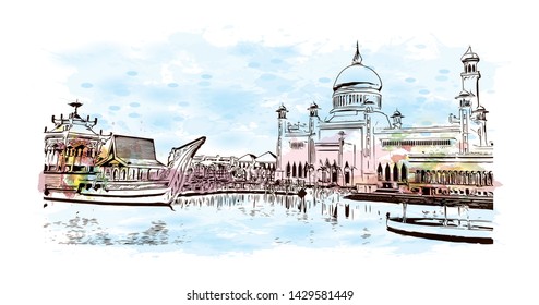 Building view with landmark of Bandar Seri Begawan is the capital of Brunei, a tiny nation on the island of Borneo. Watercolor splash with Hand drawn sketch illustration in vector.