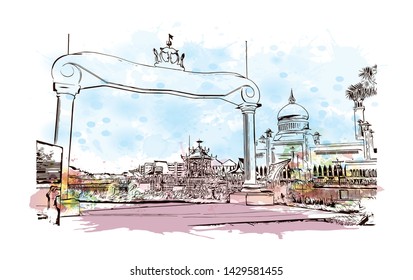 Building view with landmark of Bandar Seri Begawan is the capital of Brunei, a tiny nation on the island of Borneo. Watercolor splash with Hand drawn sketch illustration in vector.