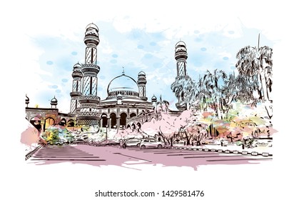 Building view with landmark of Bandar Seri Begawan is the capital of Brunei, a tiny nation on the island of Borneo. Watercolor splash with Hand drawn sketch illustration in vector.