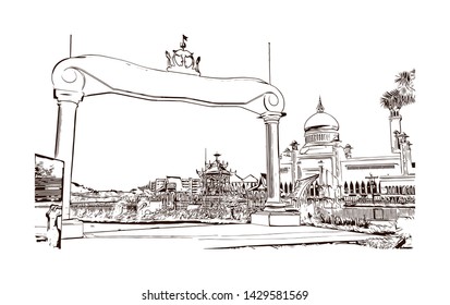 Building view with landmark of Bandar Seri Begawan is the capital of Brunei, a tiny nation on the island of Borneo. Hand drawn sketch illustration in vector.