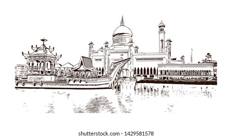 Building view with landmark of Bandar Seri Begawan is the capital of Brunei, a tiny nation on the island of Borneo. Hand drawn sketch illustration in vector.