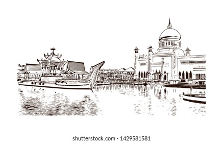 Building view with landmark of Bandar Seri Begawan is the capital of Brunei, a tiny nation on the island of Borneo. Hand drawn sketch illustration in vector.