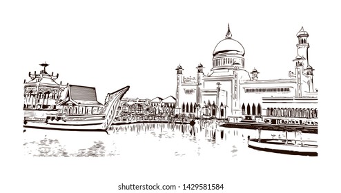 Building view with landmark of Bandar Seri Begawan is the capital of Brunei, a tiny nation on the island of Borneo. Hand drawn sketch illustration in vector.