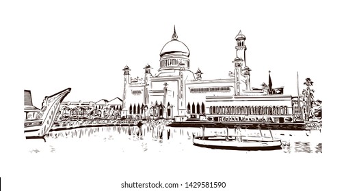 Building view with landmark of Bandar Seri Begawan is the capital of Brunei, a tiny nation on the island of Borneo. Hand drawn sketch illustration in vector.