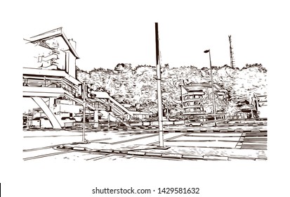 Building view with landmark of Bandar Seri Begawan is the capital of Brunei, a tiny nation on the island of Borneo. Hand drawn sketch illustration in vector.