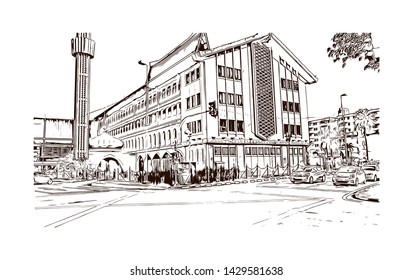 Building view with landmark of Bandar Seri Begawan is the capital of Brunei, a tiny nation on the island of Borneo. Hand drawn sketch illustration in vector.