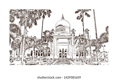 Building view with landmark of Bandar Seri Begawan is the capital of Brunei, a tiny nation on the island of Borneo. Hand drawn sketch illustration in vector.