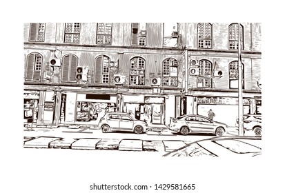 Building view with landmark of Bandar Seri Begawan is the capital of Brunei, a tiny nation on the island of Borneo. Hand drawn sketch illustration in vector.