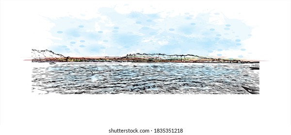 Building view with landmark of Bandar Seri Begawan is the capital of Brunei. Watercolor splash with hand drawn sketch illustration in vector.