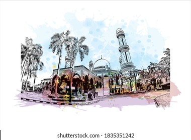 Building view with landmark of Bandar Seri Begawan is the capital of Brunei. Watercolor splash with hand drawn sketch illustration in vector.