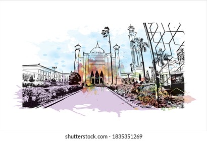 Building view with landmark of Bandar Seri Begawan is the capital of Brunei. Watercolor splash with hand drawn sketch illustration in vector.