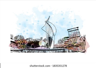 Building view with landmark of Bandar Seri Begawan is the capital of Brunei. Watercolor splash with hand drawn sketch illustration in vector.