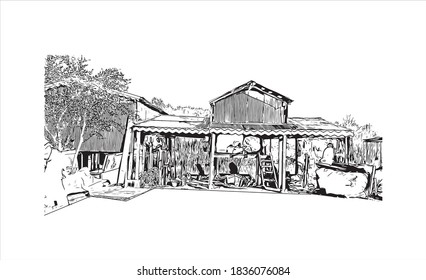 Building view with landmark of Bandar-e Anzali is a city of Gilan Province, Iran. Hand drawn sketch illustration in vector.