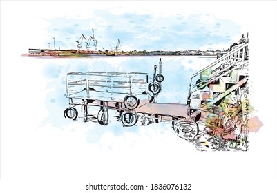 Building view with landmark of Bandar-e Anzali is a city of Gilan Province, Iran. Watercolor splash with hand drawn sketch illustration in vector.