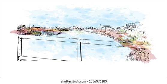 Building view with landmark of Bandar-e Anzali is a city of Gilan Province, Iran. Watercolor splash with hand drawn sketch illustration in vector.