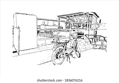 Bausicht mit Wahrzeichen von Bandar-e Anzali ist eine Stadt der Gilan Provinz, Iran. Handgezeichnete Skizzengrafik in Vektorgrafik.