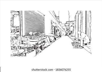 Building view with landmark of Bandar-e Anzali is a city of Gilan Province, Iran. Hand drawn sketch illustration in vector.