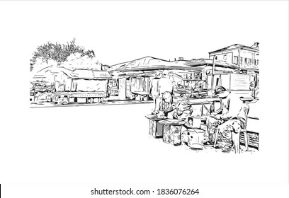 Building view with landmark of Bandar-e Anzali is a city of Gilan Province, Iran. Hand drawn sketch illustration in vector.