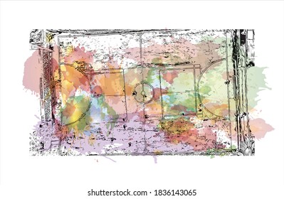 Building view with landmark of Bandung is the capital of West Java province in Indonesia. Watercolor splash with hand drawn sketch illustration in vector.