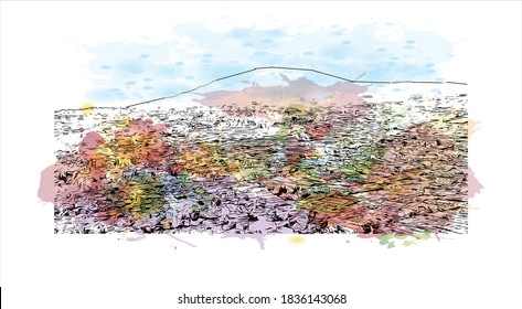 Building view with landmark of Bandung is the capital of West Java province in Indonesia. Watercolor splash with hand drawn sketch illustration in vector.