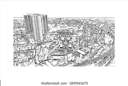 Building view with landmark of Bangalore is the capital of Karnataka. Hand drawn sketch illustration in vector.