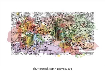 Building view with landmark of Bangalore is the capital of Karnataka. Watercolor splash with hand drawn sketch illustration in vector.