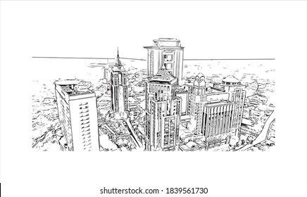 Building view with landmark of Bangalore is the capital of Karnataka. Hand drawn sketch illustration in vector.