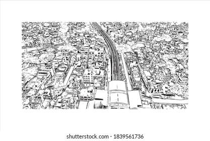 Building view with landmark of Bangalore is the capital of Karnataka. Hand drawn sketch illustration in vector.